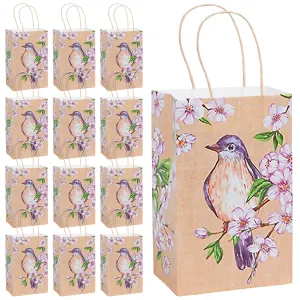 Backyard Birds & Florals Paper Gift Bags and Party Favor Bags, Small 5.25x3.5 x 8.25" (12 Pack)