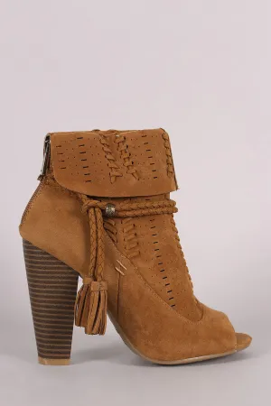 Bamboo Perforated Suede Cuff Tassel-Tie Chunky Heeled Booties