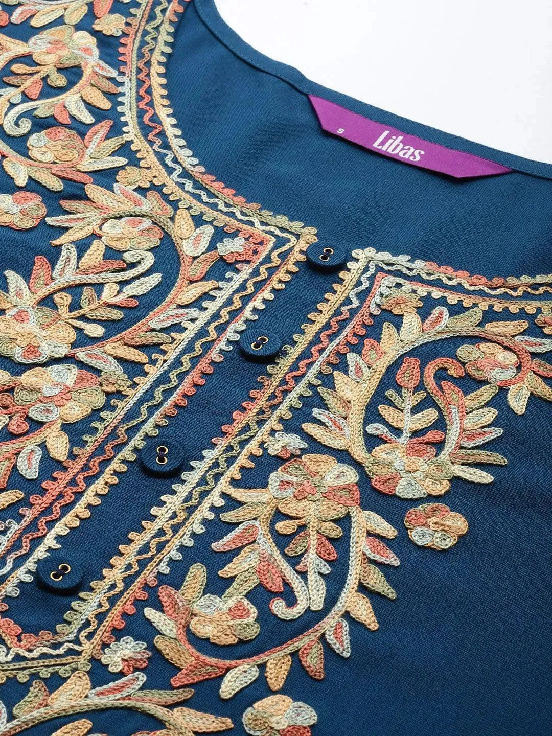 Navy Blue Embroidered Rayon Kurta