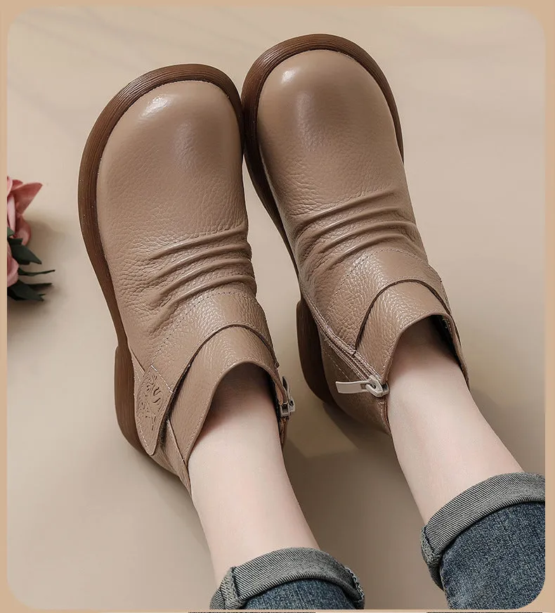 Women Autumn Solid Genuine Leather Low Heel Boots